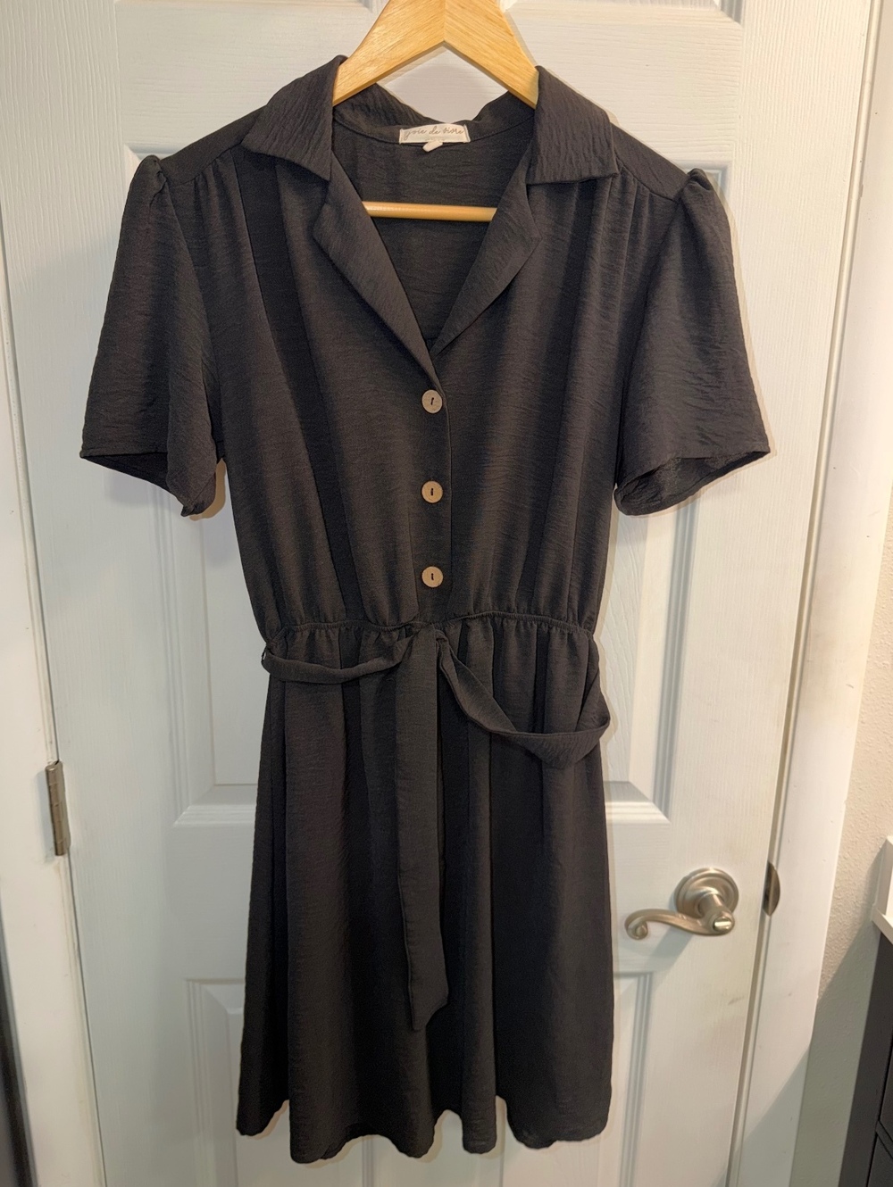 Joie de Vivre Black Collared Button Front Tie Waist Shirt Dress M